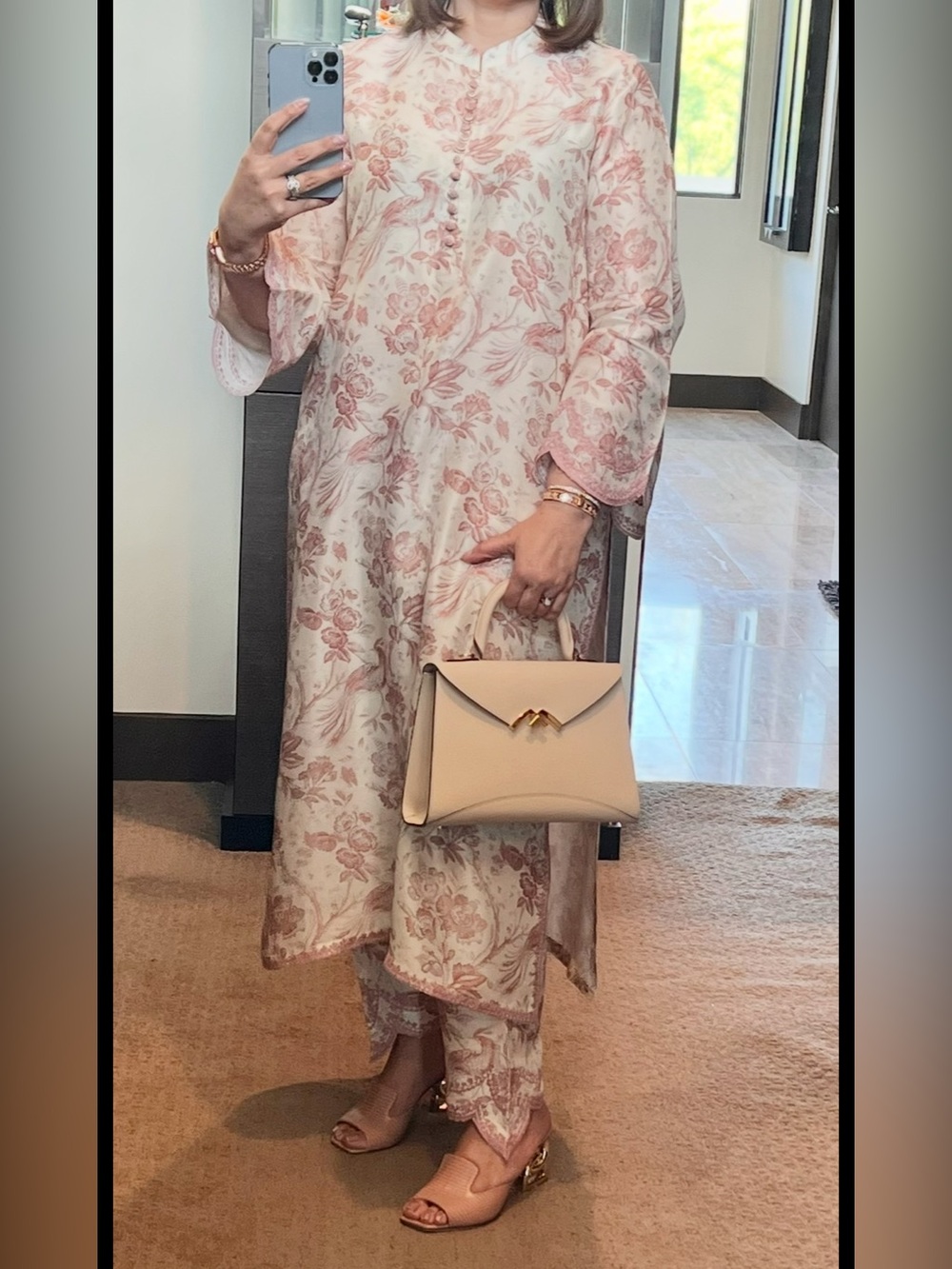 Women’s Floral Cream & Pink Maxi Dress with Button Front